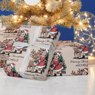 Papel De Regalo Chica personalizada con querido reno Navidad vinta