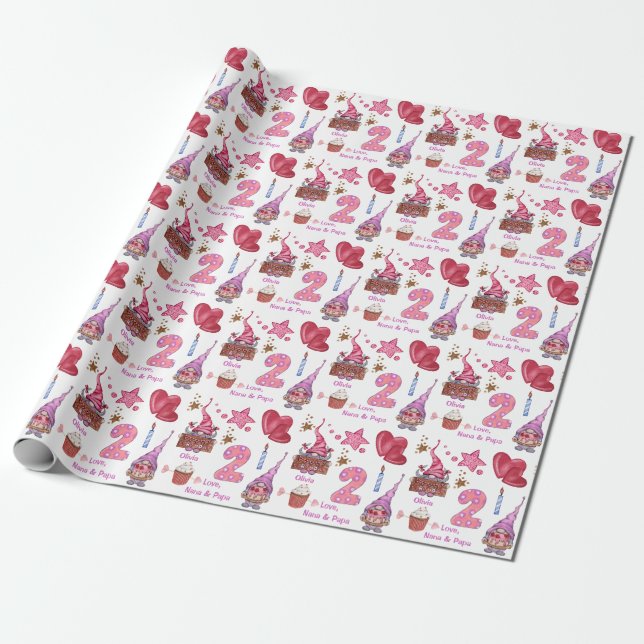 Papel De Regalo Chica Rosa Cute Gnome De Dos Años (Desenrollado)