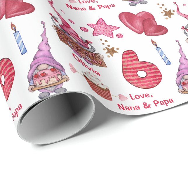 Papel De Regalo Chica Rosa Cute Gnome De Seis Años (Esquina del rollo)