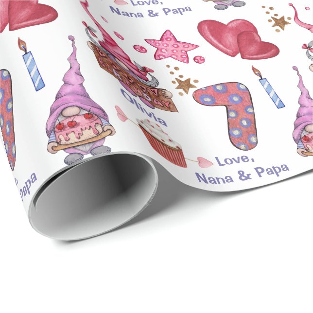 Papel De Regalo Chica Rosa Cute Gnome De Siete Años (Esquina del rollo)