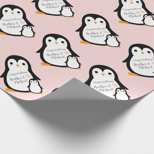 Papel De Regalo Chica rosa de Cute Penguin Baby Shower (Esquina)