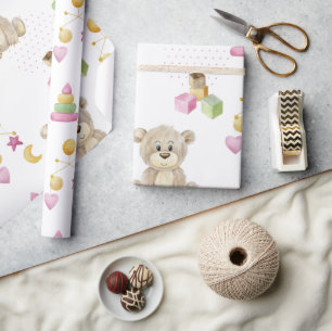 Papel De Regalo Chica rosa Teddy Bear Watercolor Tema Baby Shower