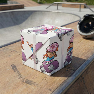 Papel De Regalo Chica Skater Diversión Casco Rosa Skateboard