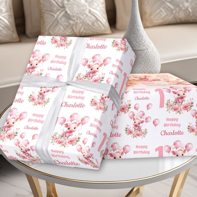 Papel De Regalo Chica temática de la granja de cerdos rosados (Pink Cute Piggy Farm Themed Girl 1st Birthday Wrapping Paper)
