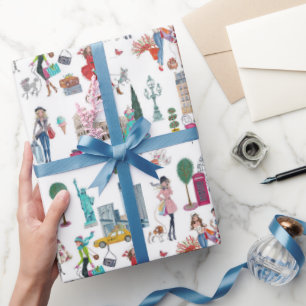 Papel De Regalo Chicas de compras elegantes en blanco y multicolor