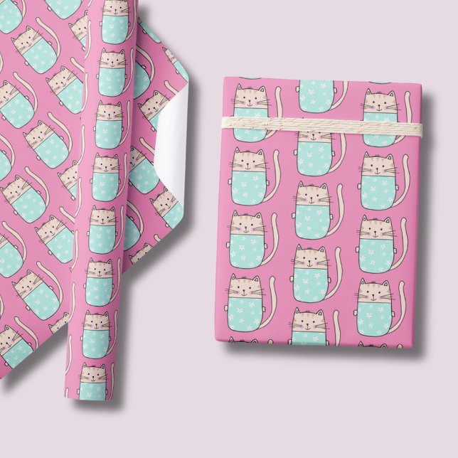 Papel De Regalo Chicas de gatos curtidos rosados (Floral cute kitty cat pink wrapping paper rolls.  Matching items available.)