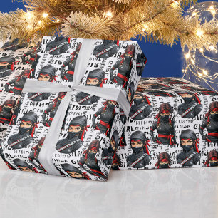 Papel De Regalo Chicas Ninja Anime con diseño de patrón de texto
