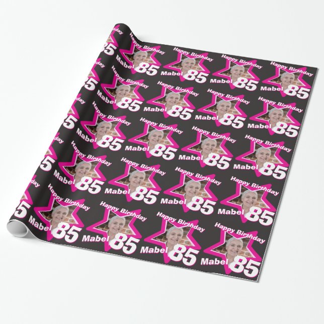 Papel De Regalo Chicas nombre 85º cumpleaños foto envoltura negra  (Desenrollado)