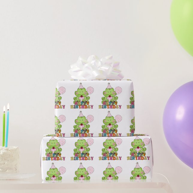 Papel De Regalo Chicas Rana de cumpleaños con globos envolviendo p (Regalos de fiesta)