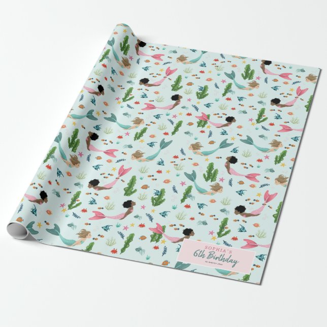 Papel De Regalo Chicas rosados mágicos bajo el mar Cumpleaños (Desenrollado)