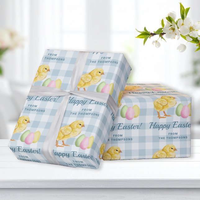 Papel De Regalo Chick And Pastel Eggs Happy Easter Blue Gingham (Subido por el creador)