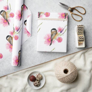 Papel De Regalo Chickadee arte acuarela con cubierta negra
