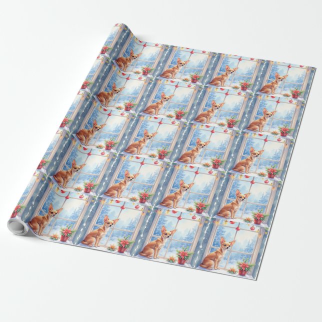 Papel De Regalo Chihuahua Snowy Windowsill Holiday Christmas Art (Desenrollado)
