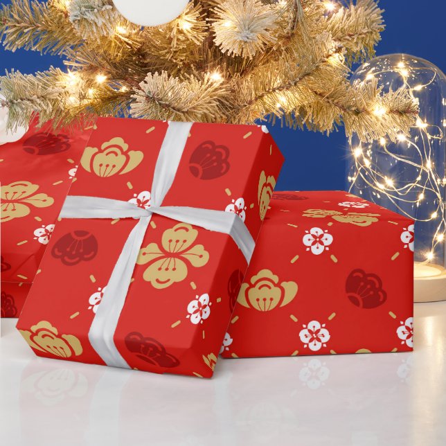 Papel De Regalo China Año Nuevo Tradicional Patrón floral Rojo (Vacaciones)