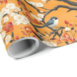 Papel De Regalo Chinoisería de pájaros florales de naranja otoñal