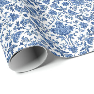 Papel De Regalo Chinoisería Floral Azul Acuarela Blanca