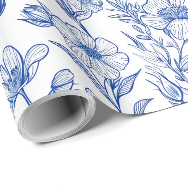 Papel De Regalo Chinoisería floral azul y blanco (Esquina del rollo)