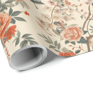 Papel De Regalo Chinoisería floral naranja crema de otoño