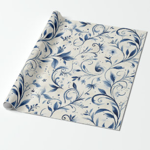 Papel De Regalo Chinoiserie Acuarela Azul Vid y Floral