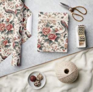 Papel De Regalo Chinoiserie Asiática Ave Blanca Flor Roja