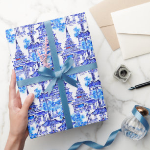 Papel De Regalo Chinoiserie Blue Pagodas