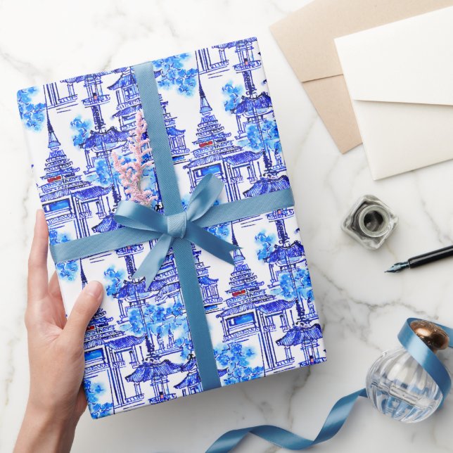 Papel De Regalo Chinoiserie Blue Pagodas (Regalar)