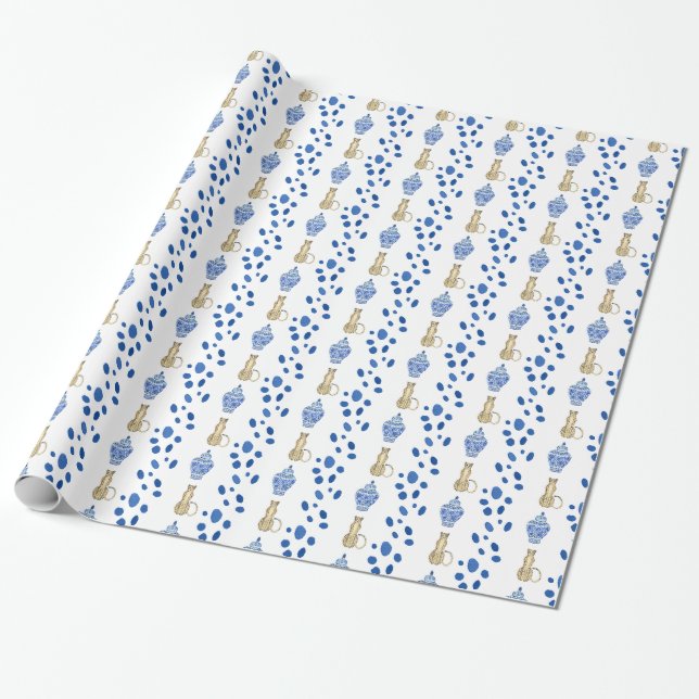 Papel De Regalo Chinoiserie Blue & White Cheetah Gift Wrap (Desenrollado)