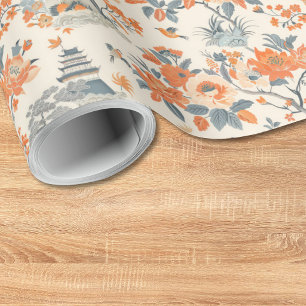 Papel De Regalo Chinoiserie Casa Floral Naranja Crema
