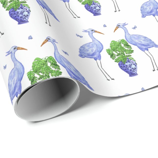 Papel De Regalo Chinoiserie Crane y Monstera (Esquina del rollo)