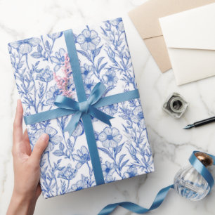 Papel De Regalo Chinoiserie de flores silvestres azules y blancas