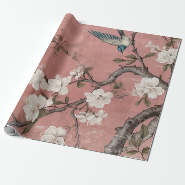 Papel De Regalo Chinoiserie Dusty Pink Cherry BlossBackground (Desenrollado)