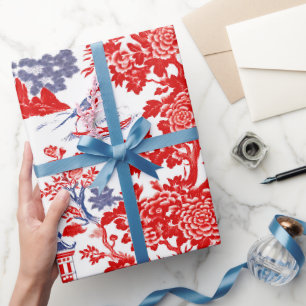 Papel De Regalo Chinoiserie Floral Delft Vintage Rojo Azul