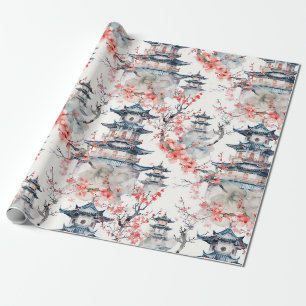 Papel De Regalo Chinoiserie Pagoda Azul Floral Rosa Flor
