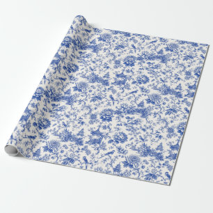 Papel De Regalo Chinoiserie Pagoda Floral Azul y Blanco Vintage