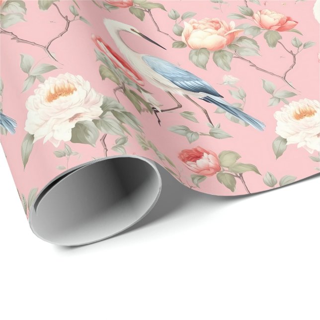 Papel De Regalo Chinoiserie Pink Floral Egret (Esquina del rollo)