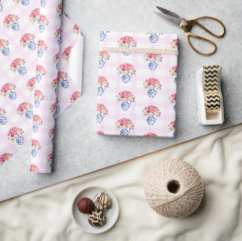 Papel De Regalo Chinoisserie Pink Gingham Blue Floral