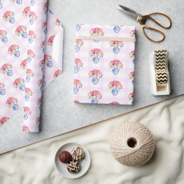 Papel De Regalo Chinoisserie Pink Gingham Blue Floral (Artesanía)