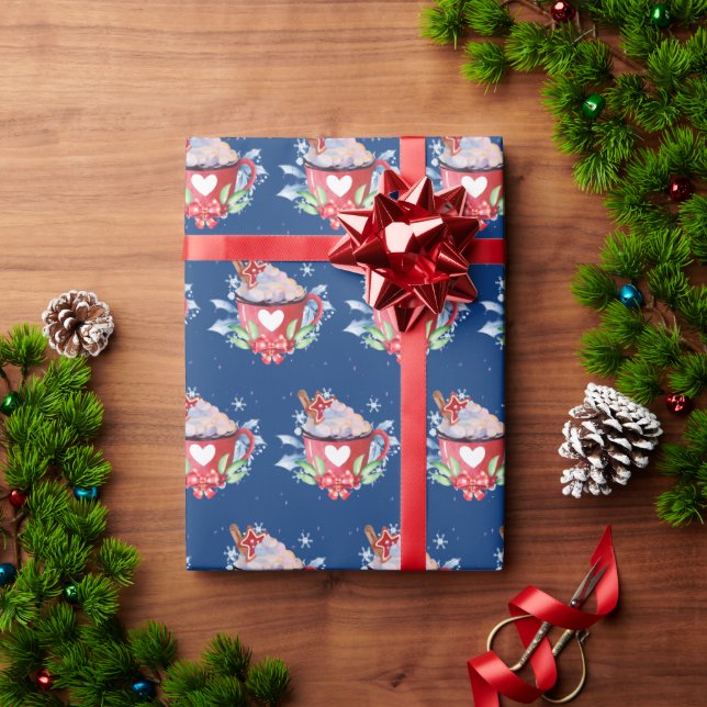 Papel De Regalo Chocolate caliente en azul para navidades (Regalo de vacaciones)