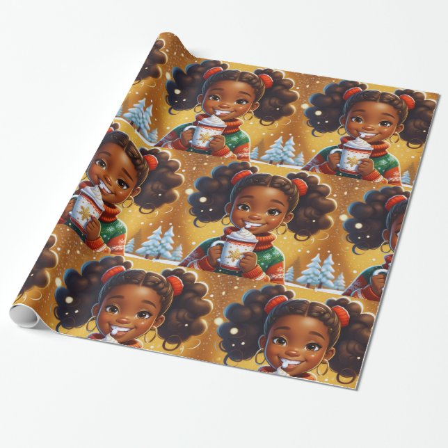 Papel De Regalo Chocolate para niñas Navidades afroamericanas (Desenrollado)