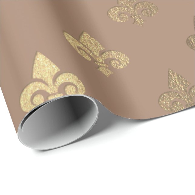 Papel De Regalo Chocolate Sepia Gold Metallic Fleur-de-lis (Esquina del rollo)