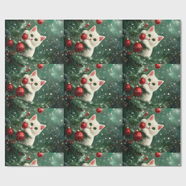 Papel De Regalo Christmas Cat Climbing Xmas Tree (Superficie plana)