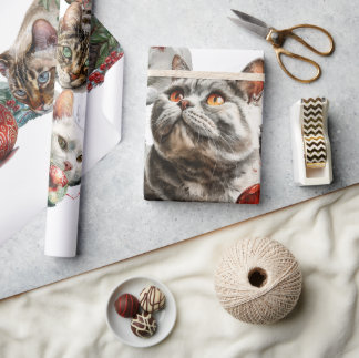 Papel De Regalo Christmas Cats with Red Ornaments – Cozy Watercolo