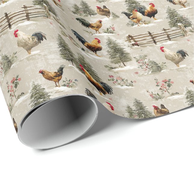 Papel De Regalo Christmas Chickens and Roosters Farmyard Winter  (Esquina del rollo)