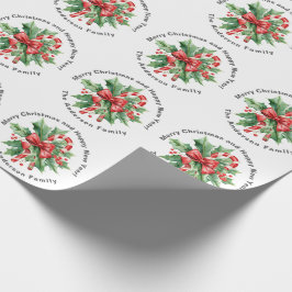 Papel De Regalo Christmas Custom text Holly Berry Candy Cane White