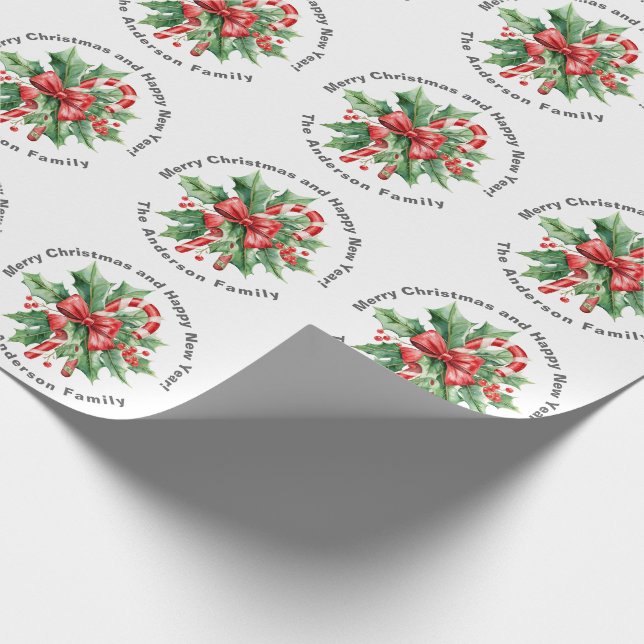 Papel De Regalo Christmas Custom text Holly Berry Candy Cane White (Esquina)