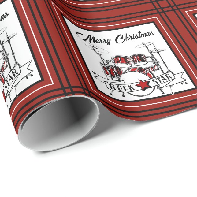 Papel De Regalo Christmas Drummer Rock Star Drum Kit Musician (Esquina del rollo)