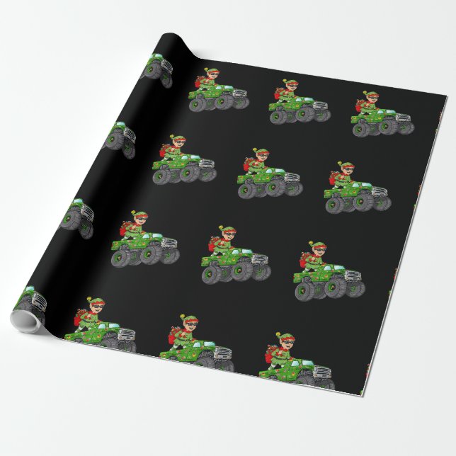 Papel De Regalo Christmas Elf Riding Monster Truck Holiday Boys Ki (Desenrollado)