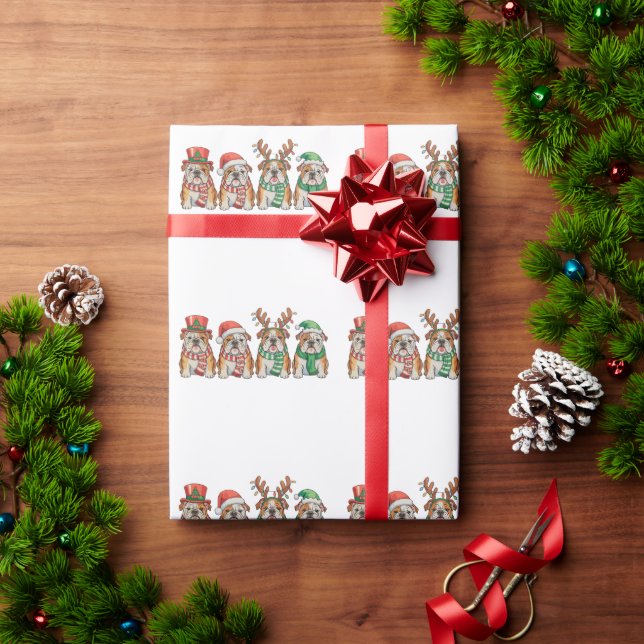 Papel De Regalo Christmas English Bulldog Dog Santa Hat Reindeer (Regalo de vacaciones)