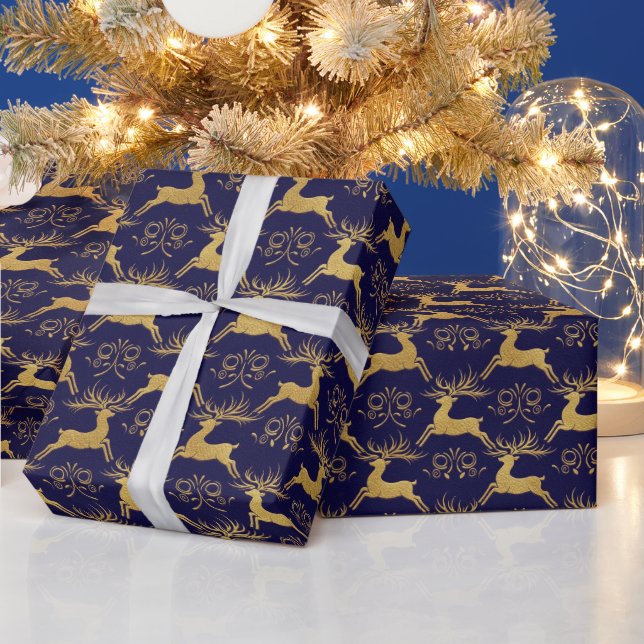 Papel De Regalo Christmas Gilded Leather Reindeer Navy Blue (Vacaciones)