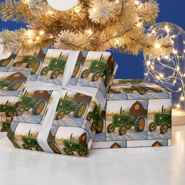 Papel De Regalo Christmas Green Tractor With Glowing Lights (Vacaciones)